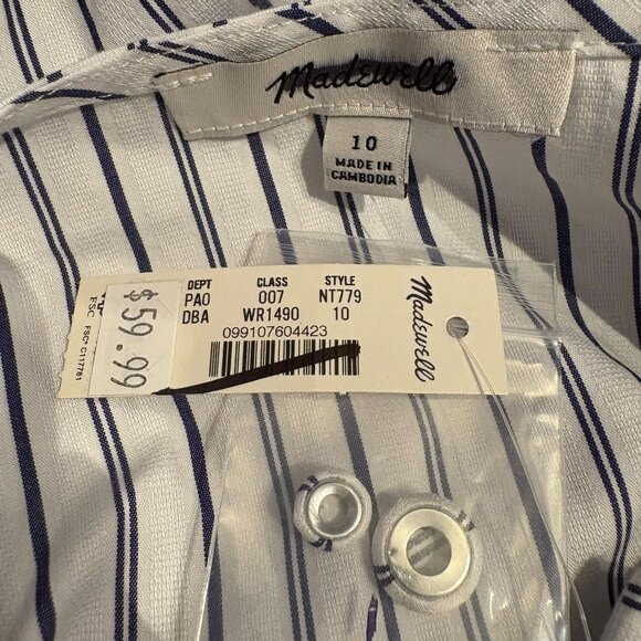Madewell Puff-Sleeve Button-Up Top in Dark Navy Blue & White Stripe Size 10 NWT! - Picture 4 of 5
